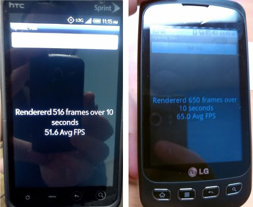 On the left, an HTC EVO 4G scoring 51.6 frames per second. On the right, an LG Optimus S outperforming the EVO with a surprising 65 fps. 